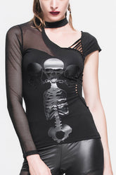 T-shirt pour femme avec panneau en maille gothique noire, design épaules dénudées, imprimé tête de mort